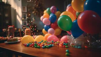 levendig kleuren, ballonnen, snoep, en cadeaus creëren een vrolijk viering gegenereerd door ai foto