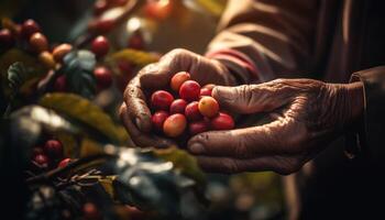 landelijk boer oogsten rijp fruit, Holding natuur versheid in hand- gegenereerd door ai foto