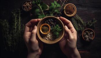 hand- Holding vers biologisch kruid, kruiderij vegetarisch maaltijd Aan hout tafel gegenereerd door ai foto