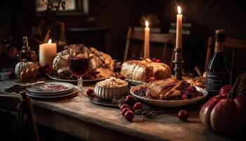 rustiek nog steeds leven pompoen, kaars, wijn, fruit, decoratie, hout gegenereerd door ai foto