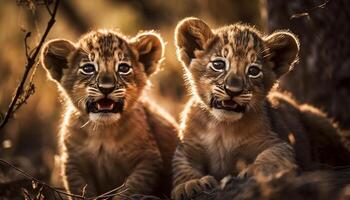 jong tijger welp spelen, staren Bij camera in Afrikaanse grasland gegenereerd door ai foto