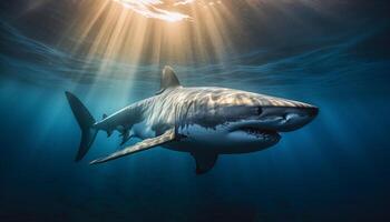 majestueus onderwater- schepsels zwemmen in de diep blauw zee gegenereerd door ai foto