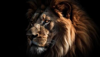 majestueus leeuw staren, vacht en bakkebaarden, sterkte in natuur schoonheid gegenereerd door ai foto