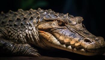 groot alligator hoofd met gevaarlijk tanden in nat moeras leefgebied gegenereerd door ai foto