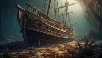 oud nautische schip, schipbreuk geleden Aan verlaten kustlijn, een roestig mysterie gegenereerd door ai foto