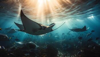 diep onderstaand, majestueus manta straal zwemt in natuurlijk schoonheid gegenereerd door ai foto