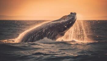 zonsondergang over- de kustlijn, gebochelde walvis overtreden in de verstuiven gegenereerd door ai foto