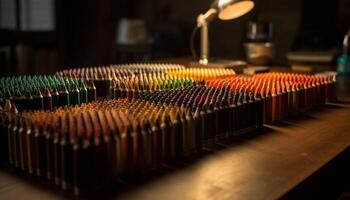 creatief bestellen in musical industrie kleurrijk instrumenten, glimmend uitrusting in fabriek gegenereerd door ai foto