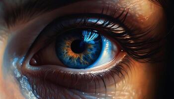 jong vrouw staren met futuristische blauw ogen, selectief focus portret gegenereerd door ai foto