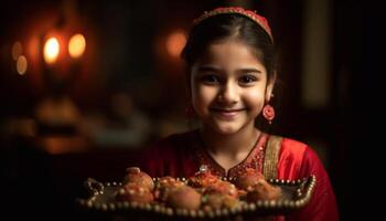 schattig meisje lachend, vieren traditie met zoet voedsel en decoratie gegenereerd door ai foto