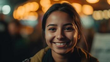 glimlachen jong volwassen vrouw in gewoontjes kleding met toothy glimlach gegenereerd door ai foto