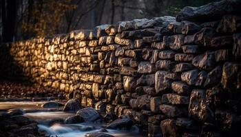 oude steen ruïneren temidden van Woud, berg achtergrond, geel herfst gebladerte gegenereerd door ai foto