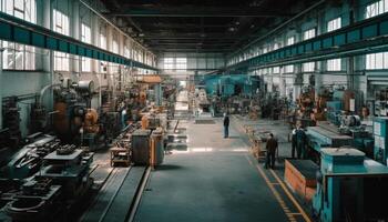 metaal arbeiders in modern fabriek construeren zwaar machinerie Aan productie lijn gegenereerd door ai foto