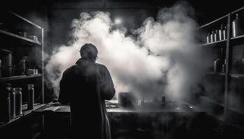 silhouet van zakenman staand buitenshuis, Holding boek, op zoek Bij stadsgezicht gegenereerd door ai foto