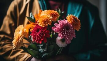 een persoon Holding een multi gekleurde boeket van vers bloemen gegenereerd door ai foto