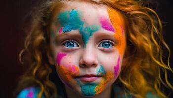 schattig peuter- meisje geniet rommelig gezicht verf in levendig kleuren gegenereerd door ai foto