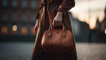 jong vrouw Holding elegant zak wandelen in modern stad buitenshuis gegenereerd door ai foto
