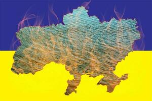 concept collage. vlag van Oekraïne met een contour kaart gevulde met water tegen de achtergrond van brand. oorlog in Oekraïne. ongeluk Bij de Kakhovskaja hydro-elektrisch macht station. . foto