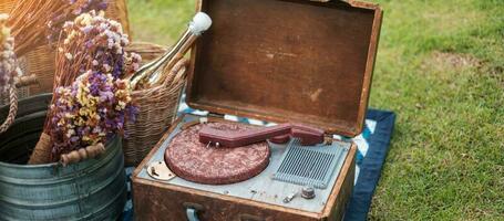 picknickset in het park bij rivier, gedroogde bloemen, manden wijnfles, boek en retro grammofoon vinylplaat. zomer, lente en vakantie concept foto