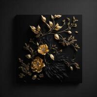 mooi bloemen bloemen luxe metalen gouden bliksem ontwerp Aan een zwart muur achtergrond in een donker kamer. generatief ai. ai generatief foto