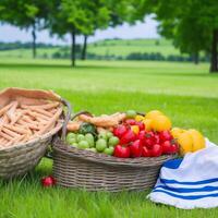 een mand vol van fruit en drankjes voor picknick. picknick voedingsmiddelen Aan een groen mooi plaats. generatief ai, ai generatief foto