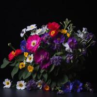 Afdeling van kleurrijk bloemen Aan een pot Aan een zwart tafel tegen zwart achtergrond. generatief ai, ai generatief foto