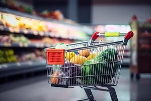 boodschappen doen kar vol van boodschappen in een supermarkt. Ondiep diepte van veld, boodschappen in een boodschappen doen kar binnen een wazig supermarkt, ai gegenereerd foto