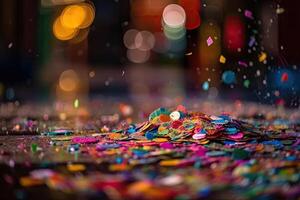 kleurrijk confetti vallend Aan de verdieping met bokeh achtergrond, kleurrijk confetti in voorkant van de kleurrijk achtergrond , ai gegenereerd foto