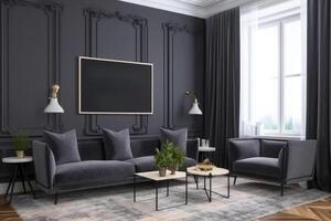 zwart leven kamer interieur met bank, koffie tafel en zwart fauteuil. bespotten omhoog, 3d weergave, mockup poster kader Aan de muur van een luxueus appartement, ai gegenereerd foto