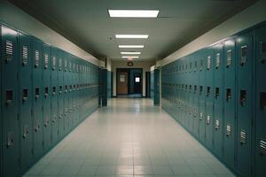 interieur van een school- kastje kamer met kluisjes en deuren. een leeg hoog school- gang interieur visie met kluisjes , ai gegenereerd foto