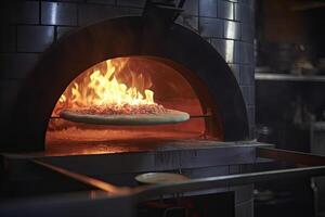 dichtbij omhoog van een pizza in een restaurant keuken. restaurant keuken, koks maken een pizza dichtbij omhoog in een pizza oven met vuur, ai gegenereerd foto