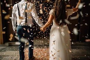 terug visie van jong paar Holding handen terwijl staand onder vallend confetti, bruid en bruidegom Holding hand- Verenigde in liefde en inzet, ai gegenereerd foto