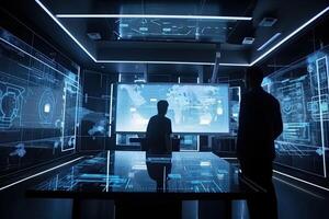 silhouet van zakenman op zoek Bij hologram scherm in modern kantoor, zakenlieden zijn werken in voorkant van een groot futuristische kantoor bureau, ai gegenereerd foto