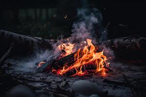 brandend kampvuur in de Woud Bij nacht. selectief focus, detailopname van vreugdevuur brandend Bij nacht, ai gegenereerd foto