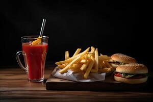 heerlijk hamburgers met Frans Patat en tomaat sap Aan houten tafel, heerlijk snel voedsel Aan een houten tafel met een verkoudheid drankje, ai gegenereerd foto