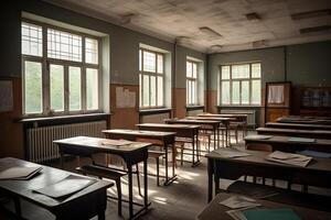 interieur van een oud school- klas met tafels en stoelen en stoelen, versierd interieur van een leeg school- klas, ai gegenereerd foto