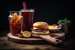 Hamburger met Frans Patat en cola Aan een houten tafel, heerlijk snel voedsel Aan een houten tafel met een verkoudheid drankje, ai gegenereerd foto