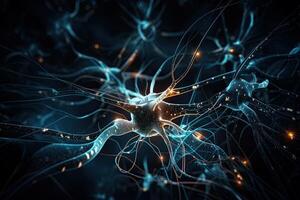 digitaal illustratie van neuron in kleur achtergrond. 3d weergave, elektrisch energie vloeiende door neuronen cellen, ai gegenereerd foto