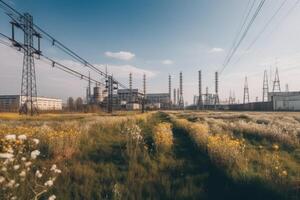 industrieel landschap met hoog Spanning macht lijnen en geel bloemen. afgezwakt. ecologisch elektrisch macht planten allemaal in een kader, ai gegenereerd foto