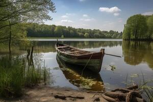 boot Aan de kust van een meer in de lente, Polen, geel boot Aan de meer Bij de houten pier, ai gegenereerd foto