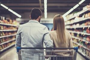 terug visie van paar met boodschappen doen kar op zoek Bij supermarkt gangpad in supermarkt, vol achterzijde visie van paar boodschappen doen in een supermarkt, ai gegenereerd foto