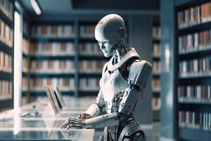 3d renderen humanoid robot werken in bibliotheek met boekenplank Aan achtergrond, futuristische ai robot bibliothecaris in een bibliotheek, ai gegenereerd foto