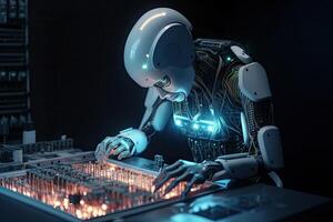 3d renderen humanoid robot werken Aan een computer in een donker kamer, futuristische ai robot technicus repareren een elektrisch, ai gegenereerd foto