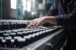 productie lijn van de fabriek voor de productie van alcoholisch dranken. industrieel achtergrond, Mens werken Aan fabriek, ai gegenereerd foto