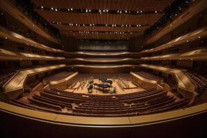 leeg auditorium met stoelen en verlichting in de avond, een luxueus en reusachtig leeg concert hal, ai gegenereerd foto