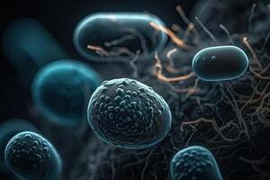 3d geven van sperma en ei cel in menselijk lichaam. zaadcellen, microorganisme cellen dichtbij omhoog visie Aan een donker achtergrond, ai gegenereerd foto