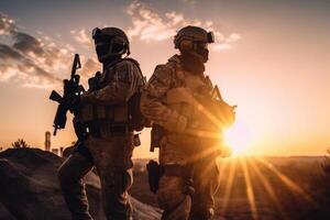 Verenigde staten marine speciaal krachten soldaten in actie Bij zonsondergang. leger, leger, en oorlog concept. leger soldaten staand Aan een mooi zonsondergang, ai gegenereerd foto