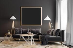 interieur van modern leven kamer met donker grijs muren, comfortabel sofa en koffie tafel met boeken. bespotten omhoog poster kader, mockup poster kader Aan de muur van een luxueus appartement, ai gegenereerd foto