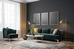 interieur met groen bank. 3d illustratie bespotten omhoog poster kader, mockup poster kader Aan de muur van een luxueus appartement, ai gegenereerd foto