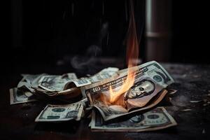 brandend dollar bankbiljetten Aan donker achtergrond. concept van geld brandend. geld brandend, ai gegenereerd foto